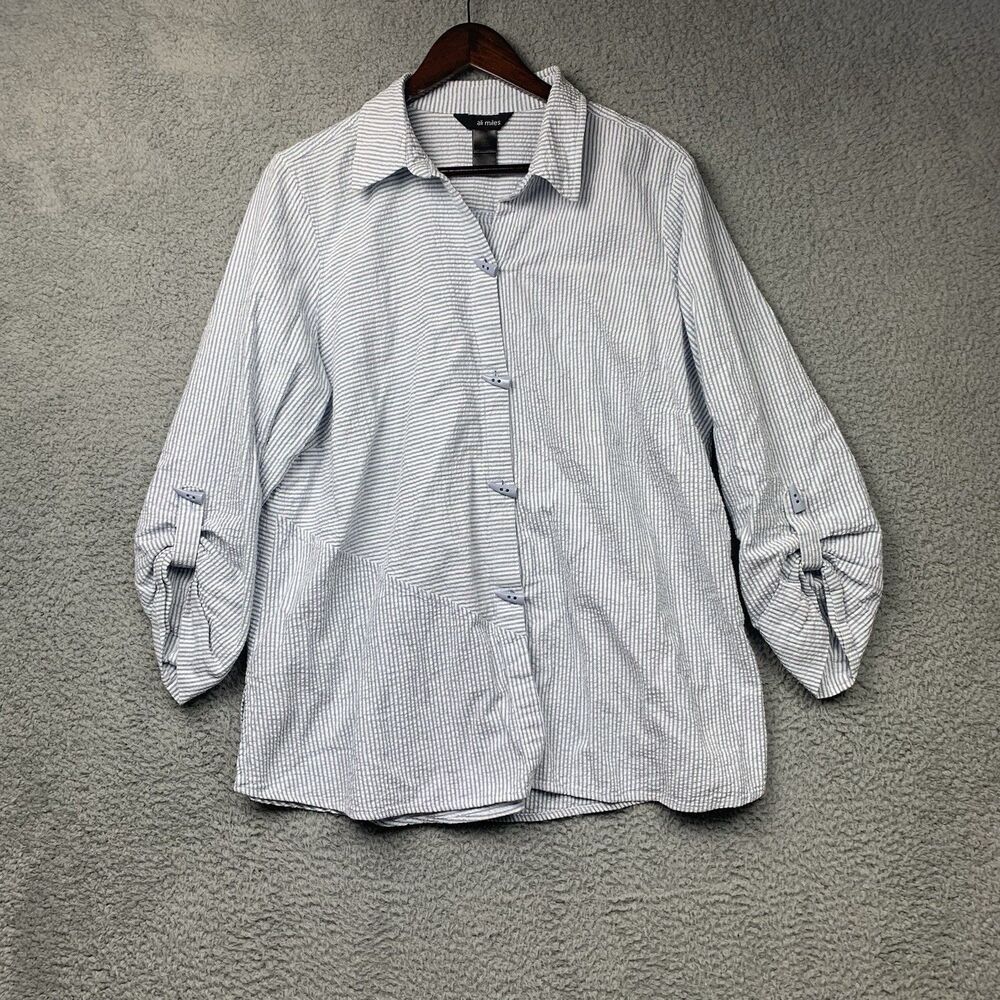 Ali Miles Shirt Womens 1X Striped Button Seer Sucker Tunic Beachy Coastal